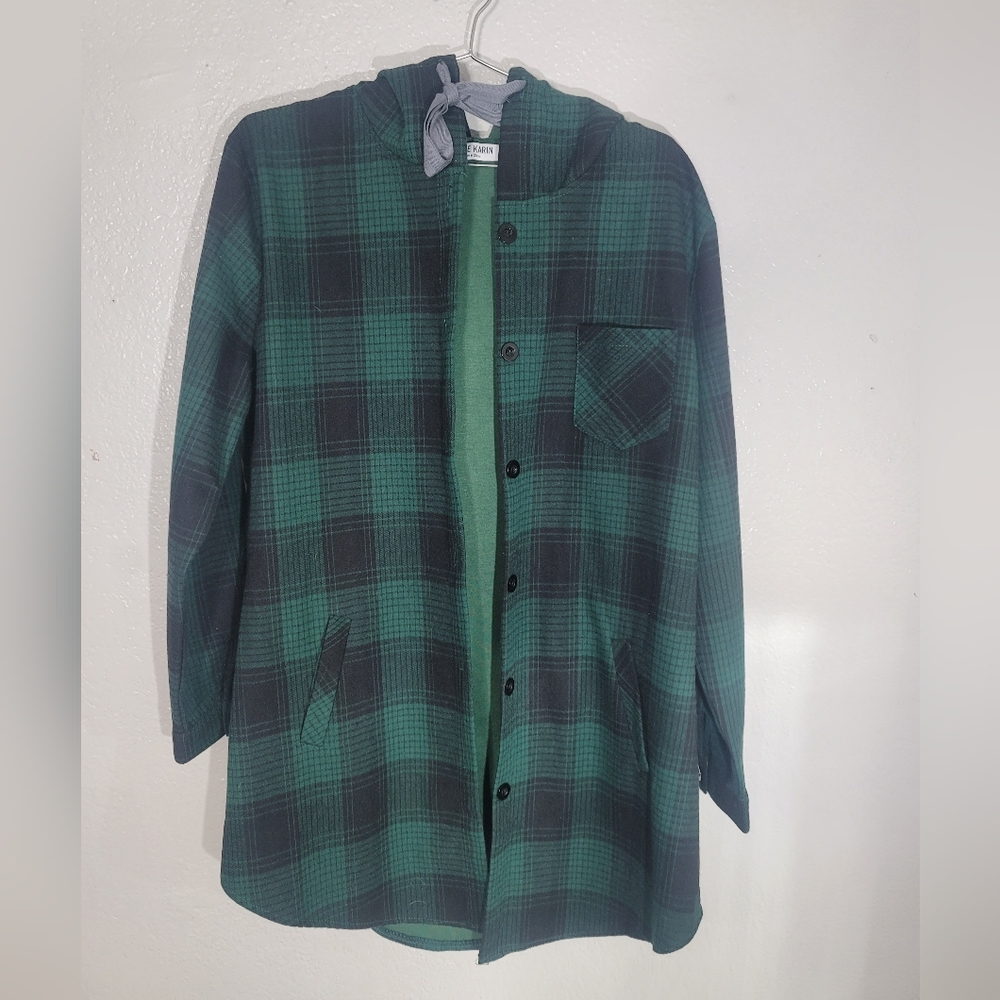Green & Black Plaid Hooded Trench Coat